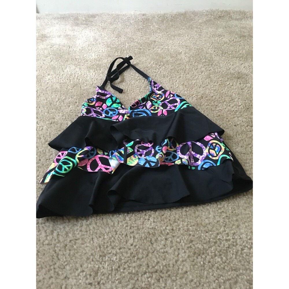 Xhilaration Girls Printed Swim Halter Top w/ Tie Neck Size L 10-12 Multi-Color